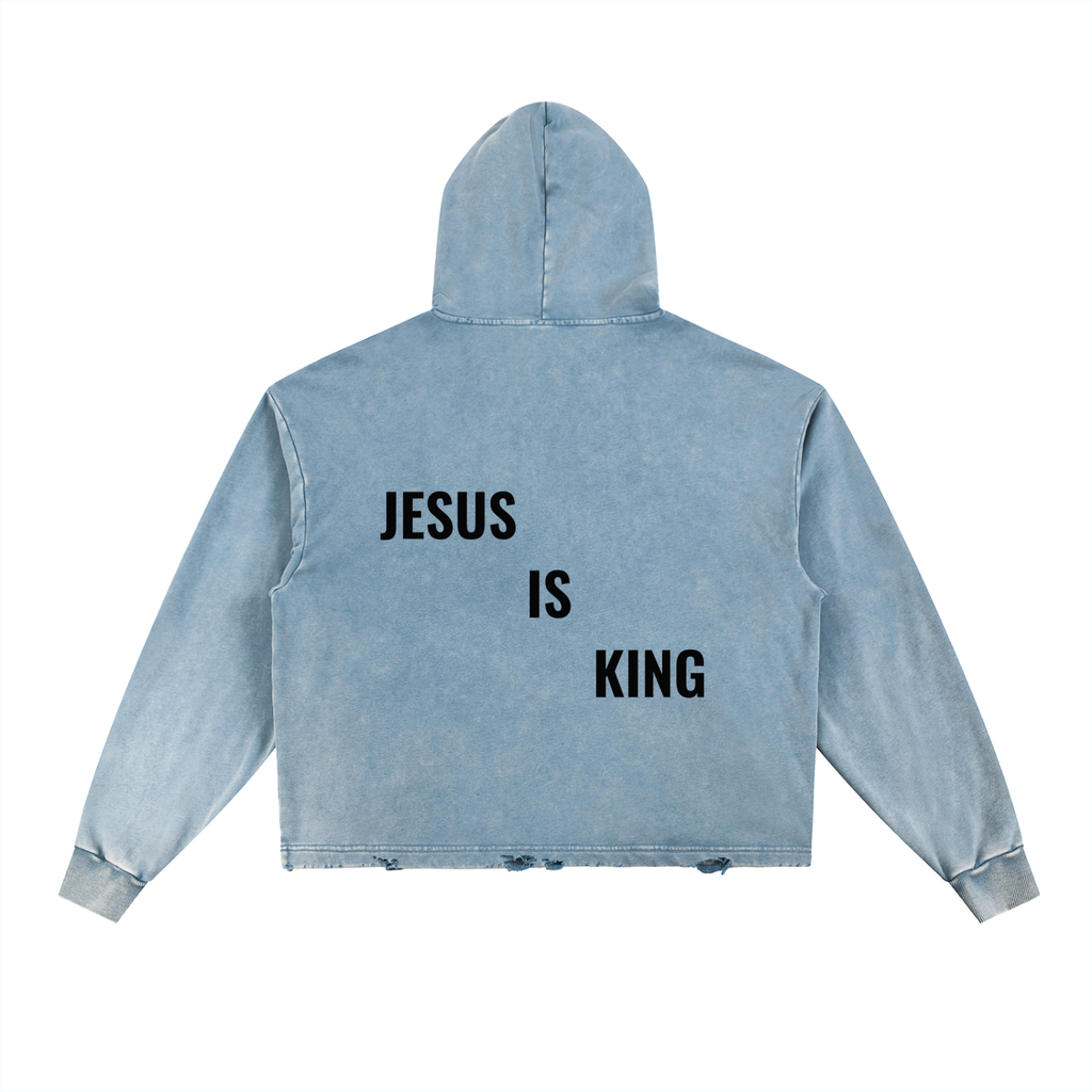Vintage Washed Frayed-Hem Hoodie- BYST X JESUS IS KING
