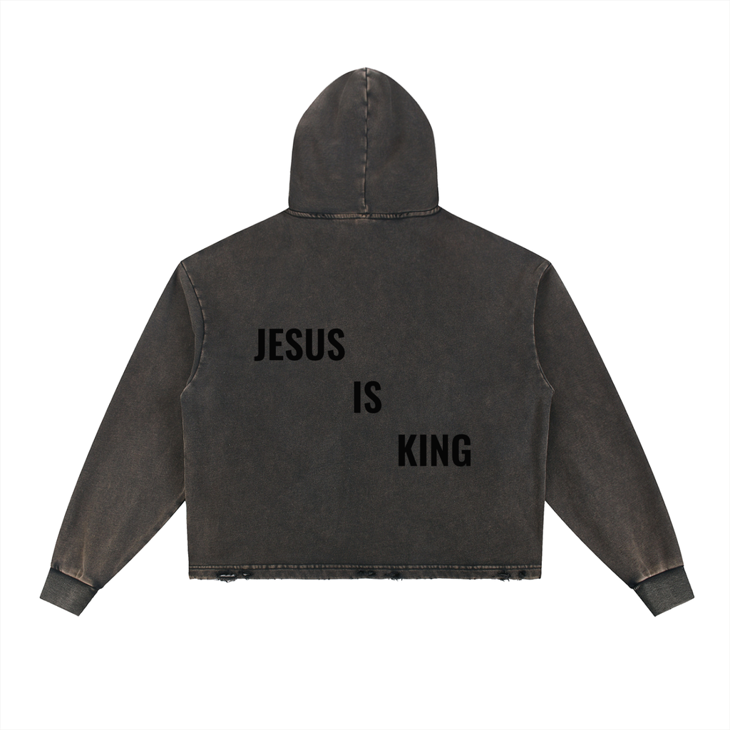 Vintage Washed Frayed-Hem Hoodie- BYST X JESUS IS KING