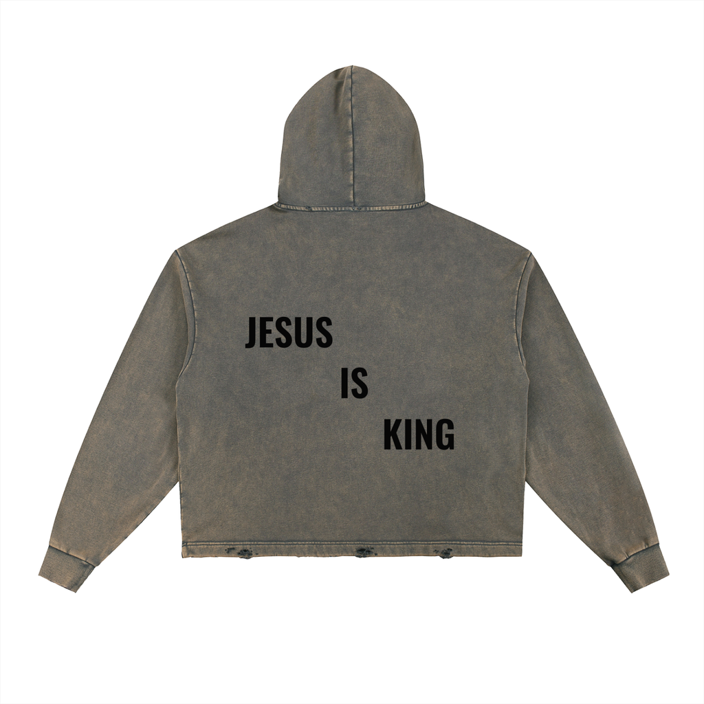 Vintage Washed Frayed-Hem Hoodie- BYST X JESUS IS KING