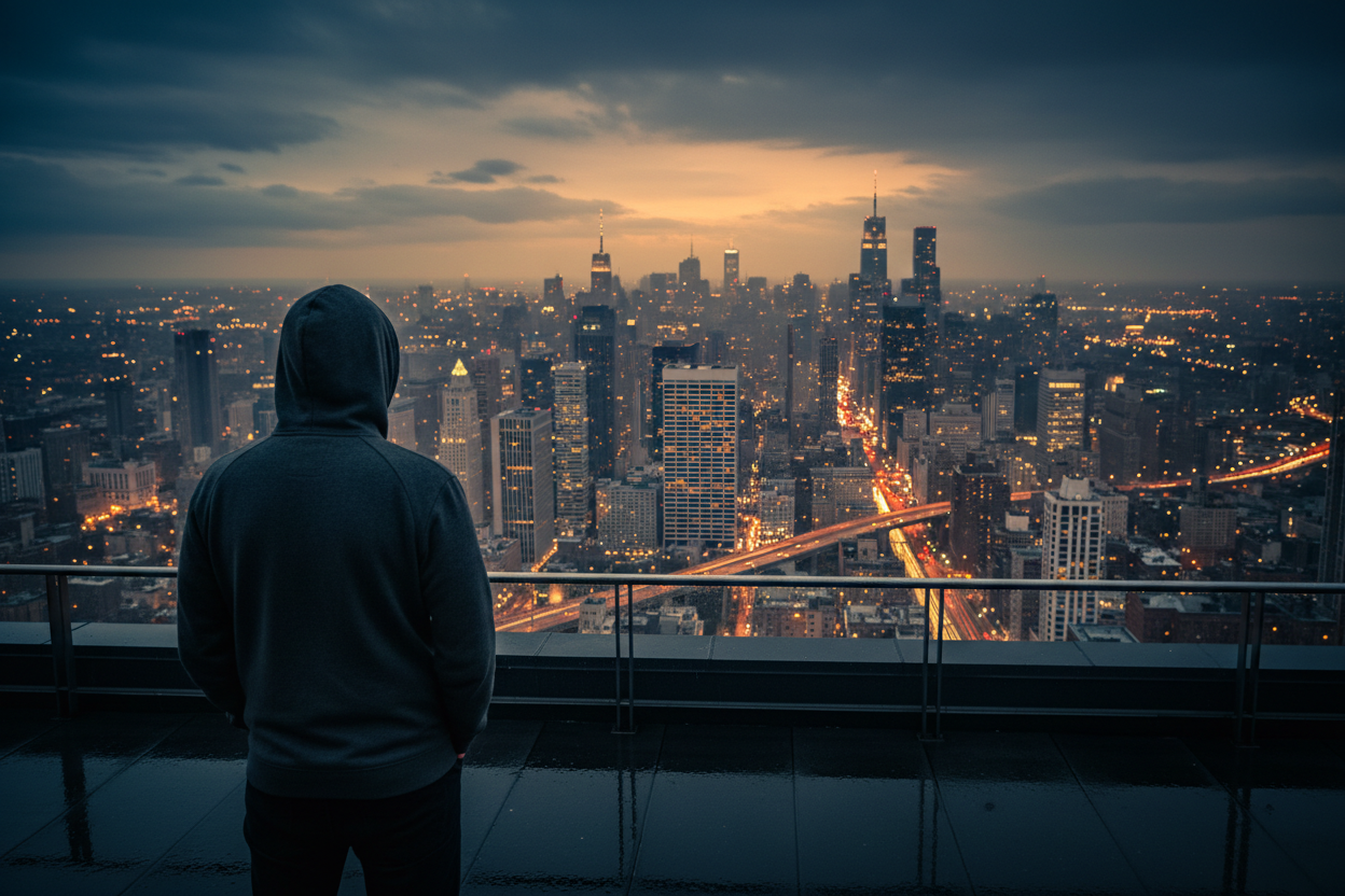 Man in Hoodie Looking Over City